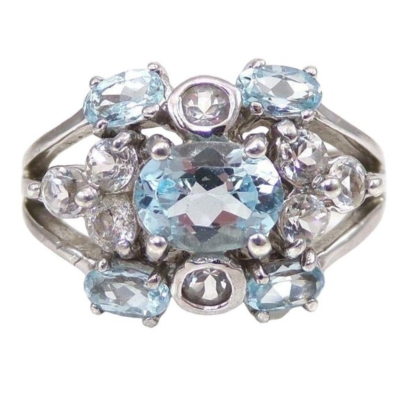 Boho Sterling Silver Blue White Topaz Cluster Flower Ring Size 10 - Picture 1 of 6